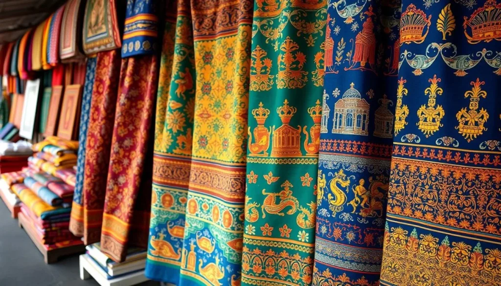 Colorful traditional Cirebon batik fabrics with coastal and palace motifs on display