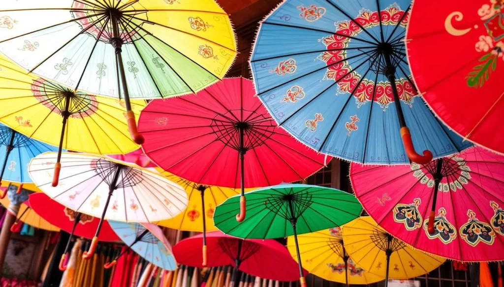 Colorful traditional Tasikmalaya umbrellas (Payung Tasik) on display