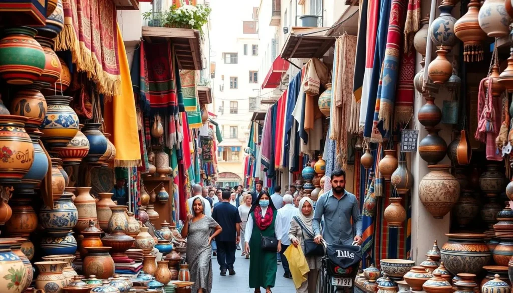Colorful traditional market in Monastir Medina with textiles and handicrafts