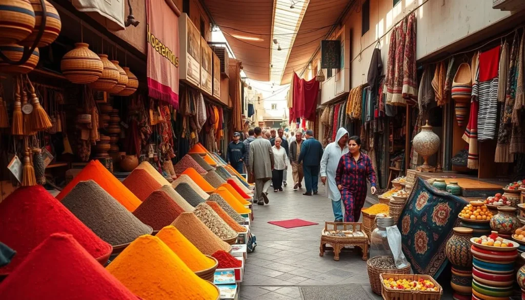 Colorful traditional souk market in Beni Mellal with spices, crafts and textiles
