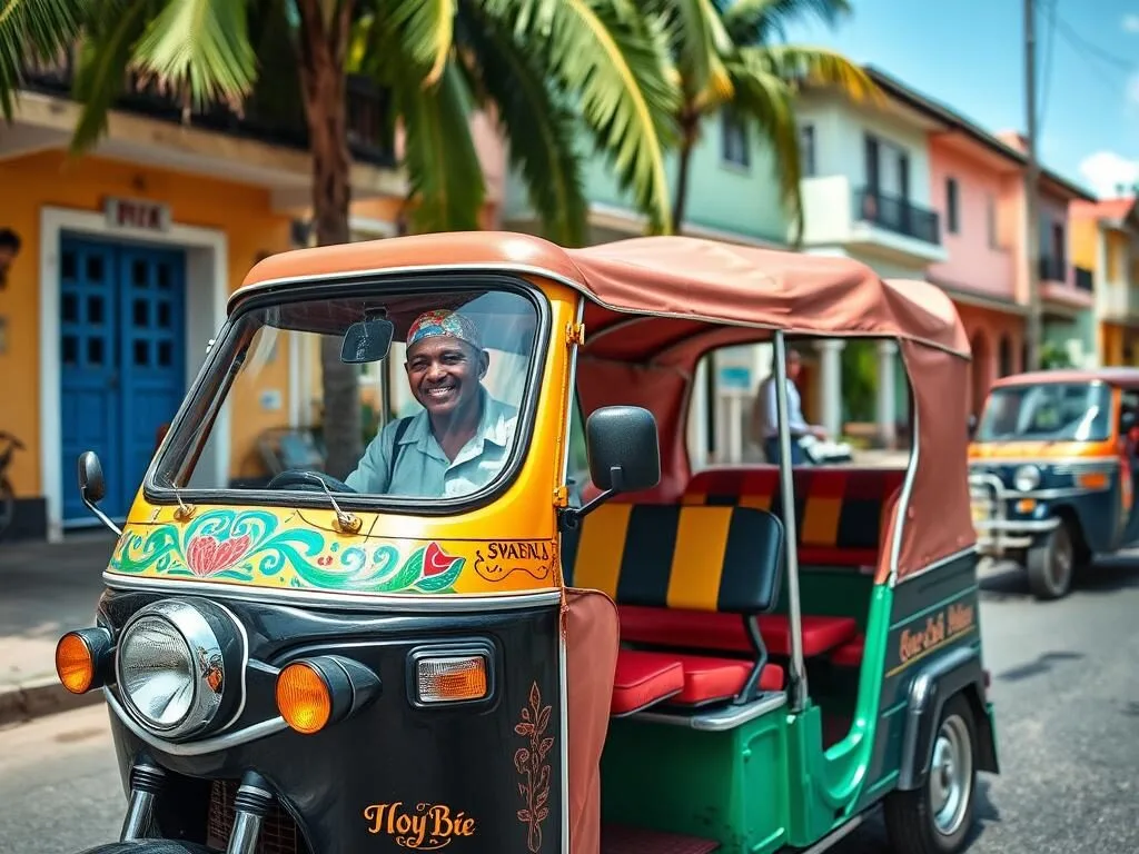 Colorful tuk-tuk taxi in Hell-Ville (Nosy Be), Madagascar with local driver