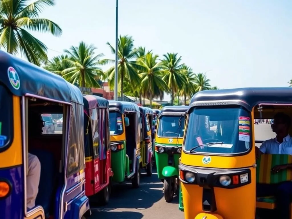 Colorful tuk-tuks lined up along Hikkaduwa's main street waiting for passengers