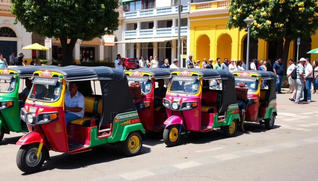 Colorful tuk-tuks lined up in downtown Leticia, Colombia, waiting for passengers near the main square Colorful tuk-tuks lined up in downtown Leticia, Colombia, waiting for passengers near the main square