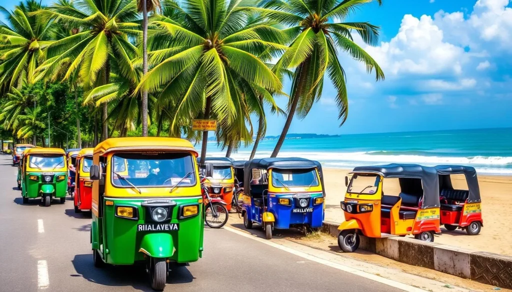Colorful tuk-tuks parked along Nilaveli Beach road waiting for tourists
