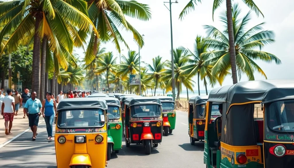 Colorful tuk-tuks parked along Unawatuna beach road, a popular transportation option