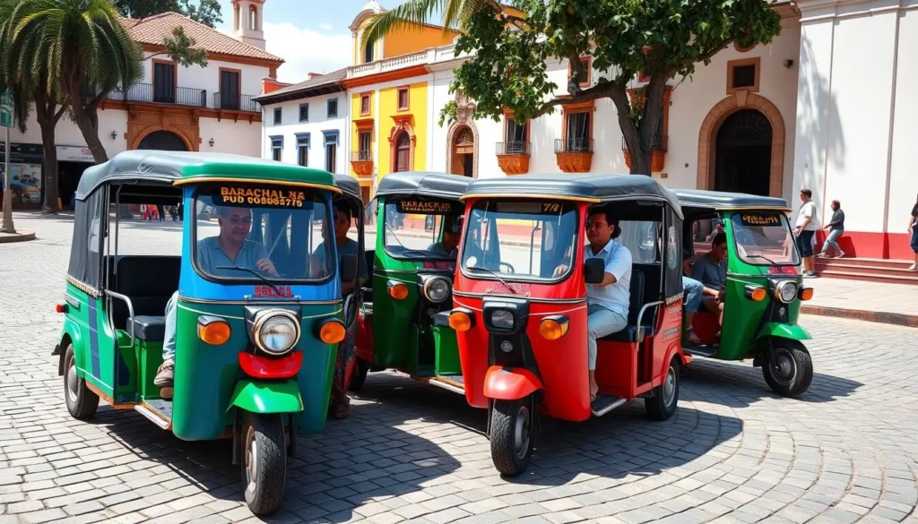 Colorful tuk-tuks parked in Barichara's main square ready to transport tourists Colorful tuk-tuks parked in Barichara's main square ready to transport tourists