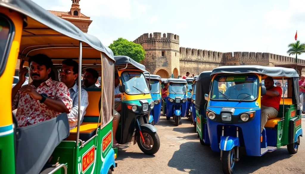 Colorful tuk-tuks parked near Galle Fort entrance with tourists