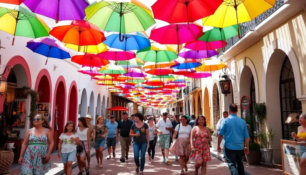 Colorful umbrella-covered street in Tlaquepaque Mexico with pedestrians walking beneath