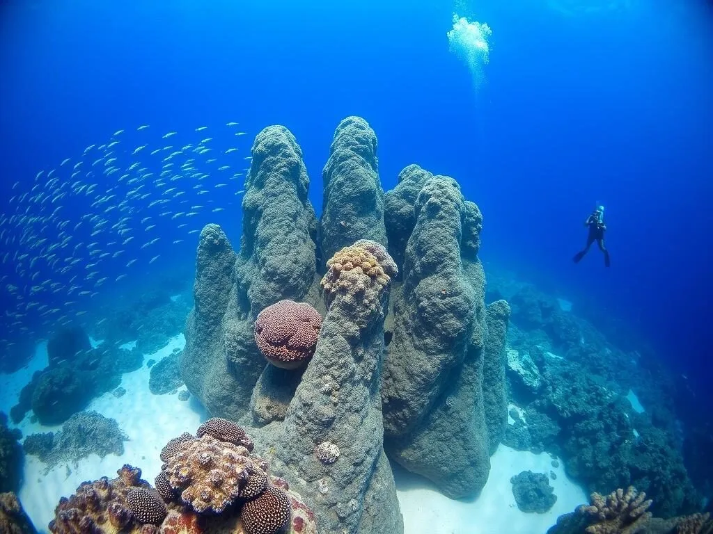 Columbia Reef dive site with large coral pinnacles and schools of colorful fish in clear blue waters Columbia Reef dive site with large coral pinnacles and schools of colorful fish in clear blue waters