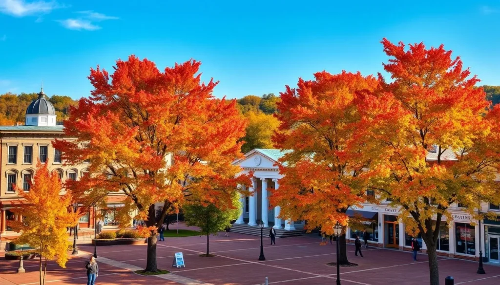 Columbia Tennessee downtown square during fall with colorful autumn leaves and historic buildings