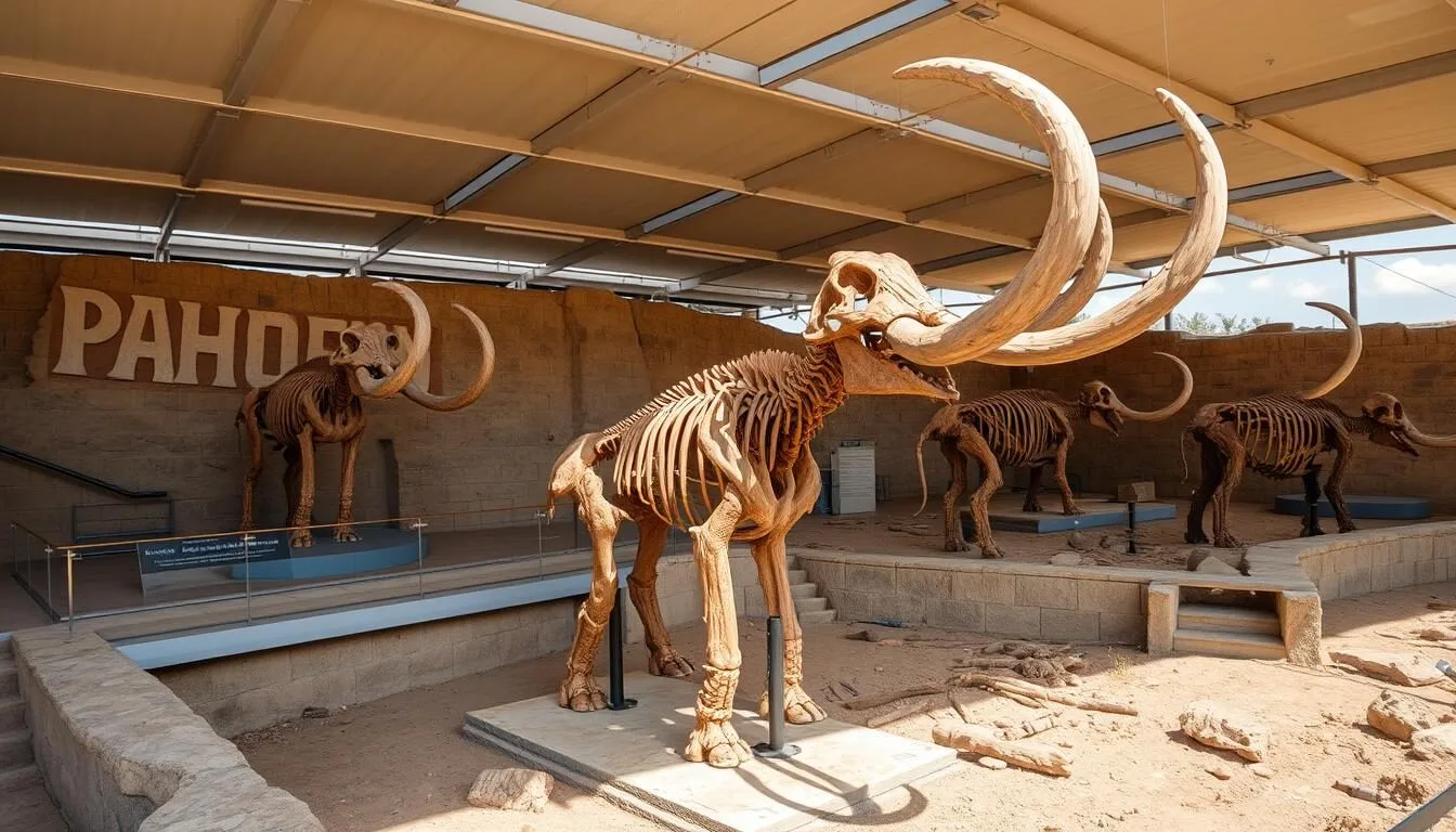 Columbian mammoth fossils displayed at Waco Mammoth National Monument, Texas
