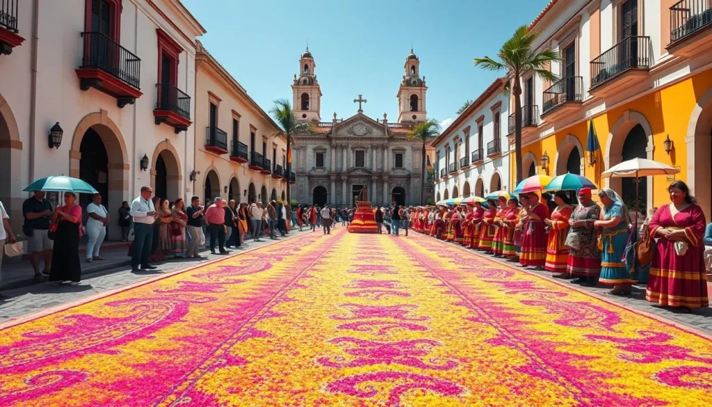 Comayagua's central plaza during Holy Week celebrations with colorful sawdust carpets Comayagua's central plaza during Holy Week celebrations with colorful sawdust carpets