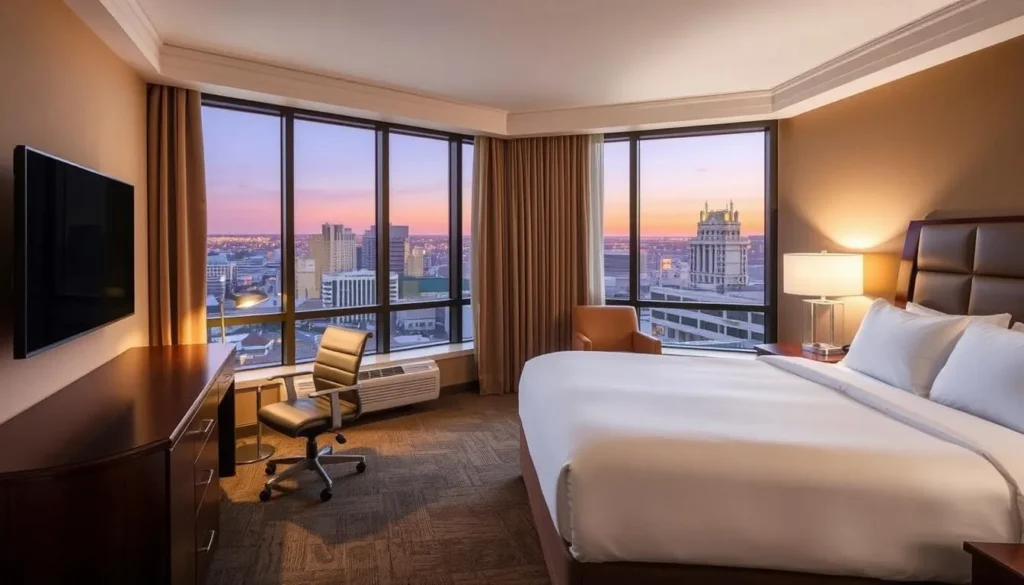 Comfortable hotel room in Temple Texas with modern furnishings and large windows overlooking the city Comfortable hotel room in Temple Texas with modern furnishings and large windows overlooking the city