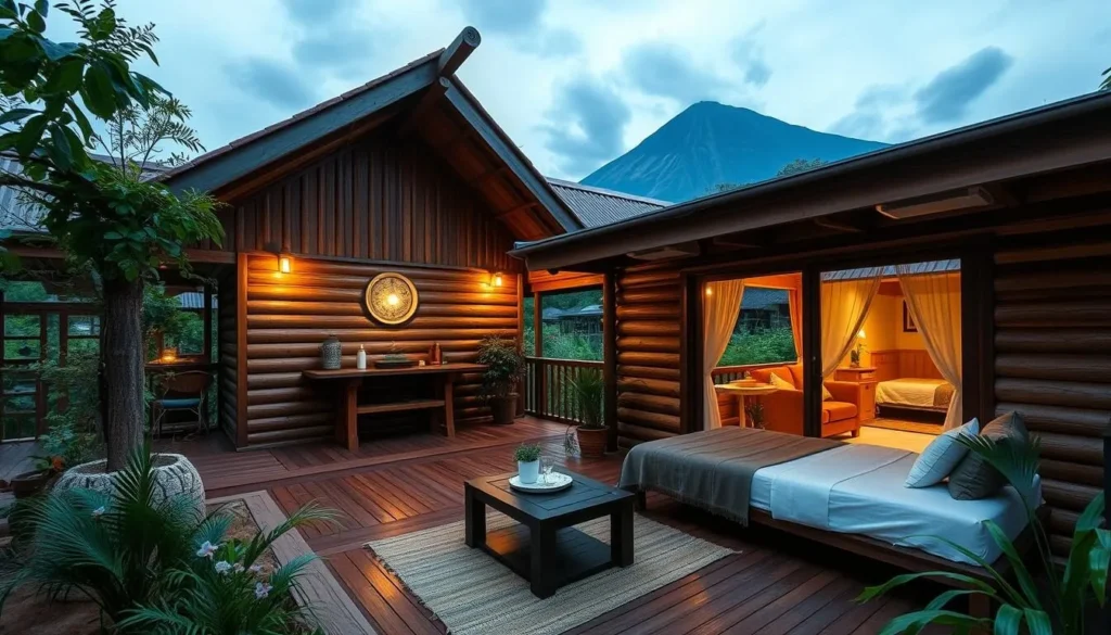Comfortable lodge accommodation near Taman Nasional Gunung Rinjani with mountain views