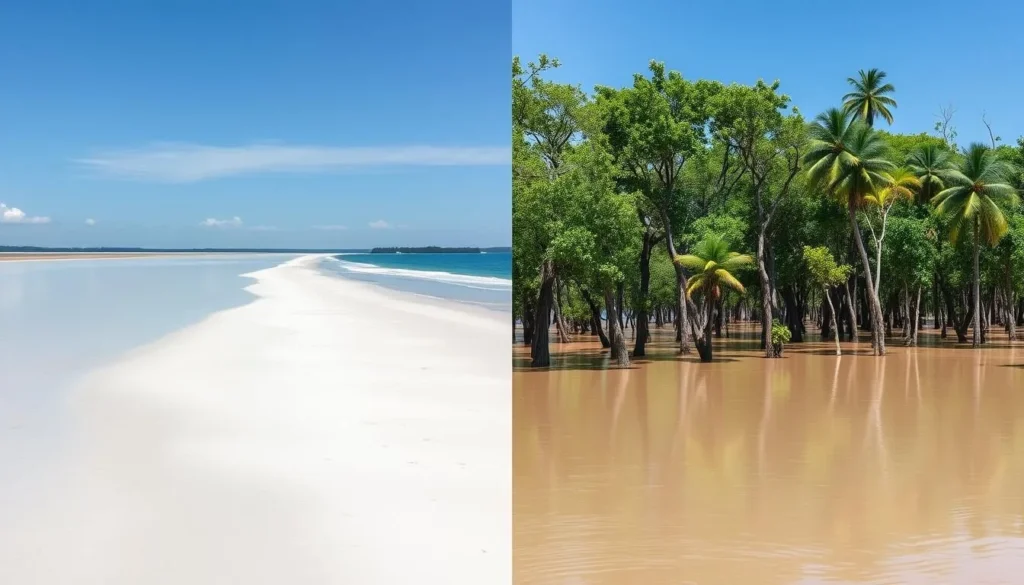 Comparison of Alter do Chao during dry season (showing expansive beaches) and rainy season (showing flooded forests) Comparison of Alter do Chao during dry season (showing expansive beaches) and rainy season (showing flooded forests)