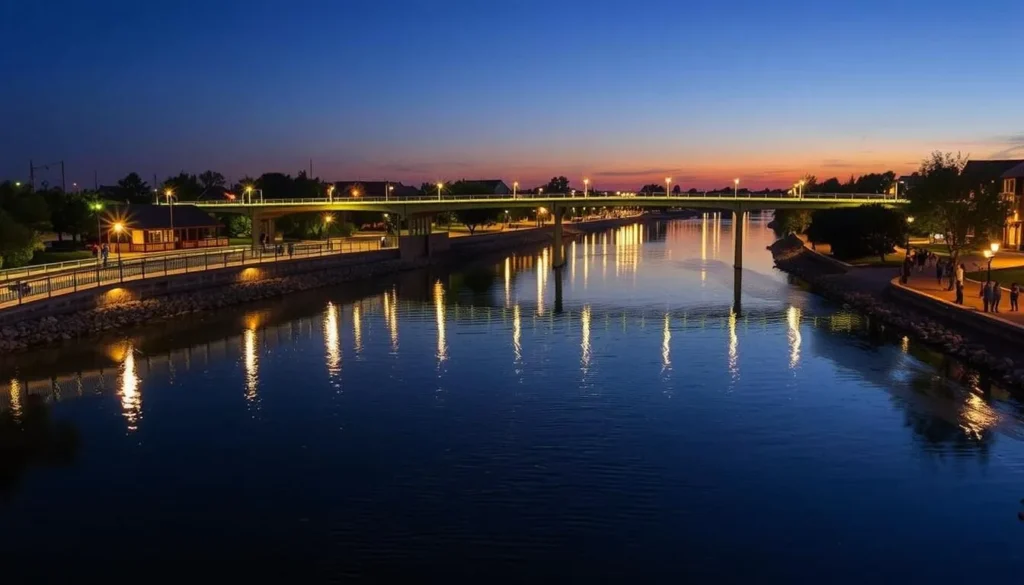 Concho River Walk in San Angelo Texas at dusk with illuminated bridges and pathways reflecting on the water