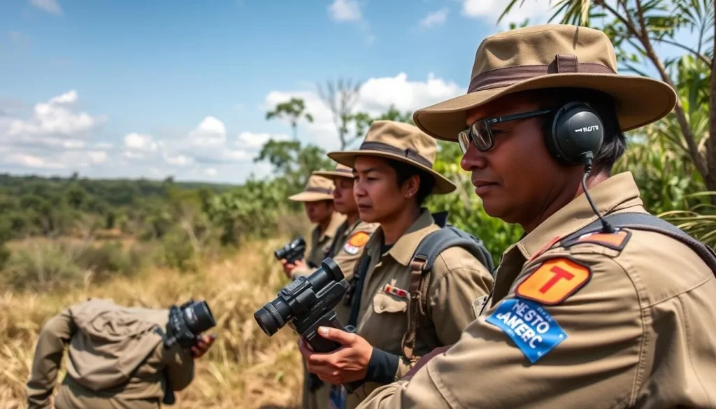 Conservation efforts in Kutai National Park with rangers monitoring wildlife