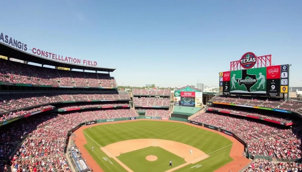 Constellation Field stadium in Sugar Land during a baseball game with fans cheering