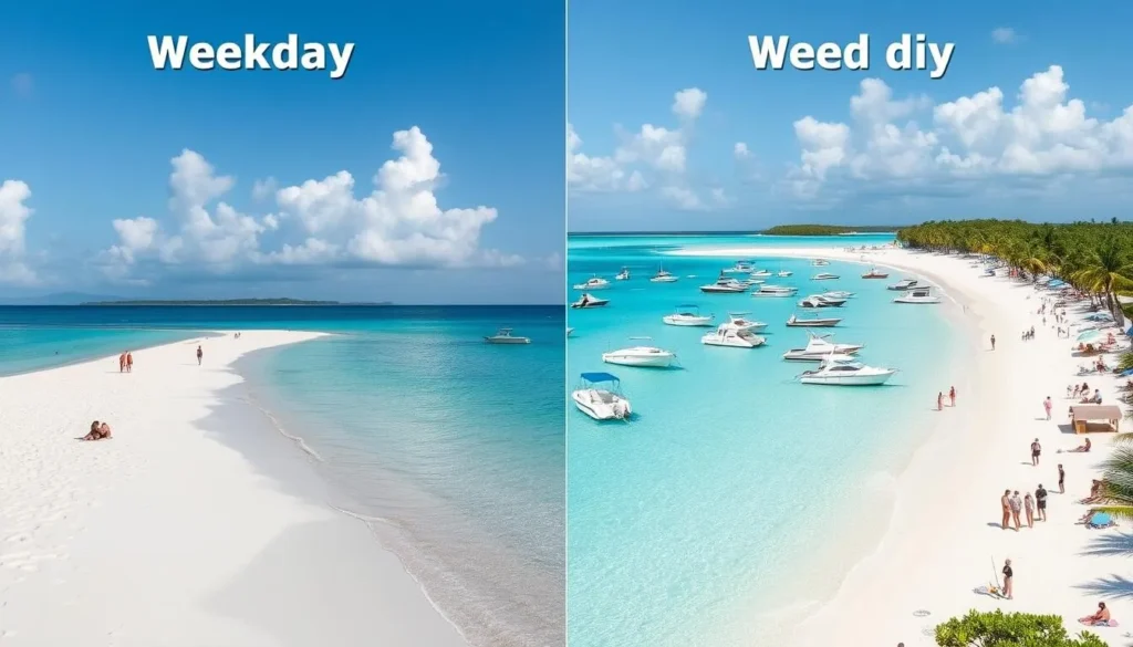 Contrast between weekday tranquility and weekend crowds at Cayo Icacos beach Contrast between weekday tranquility and weekend crowds at Cayo Icacos beach