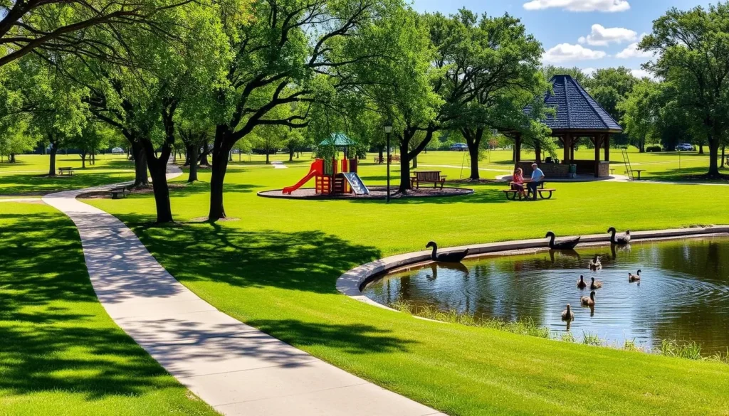 Converse City Park with walking trails, playground, and Featherlight Pond, a popular attraction in Converse, Texas