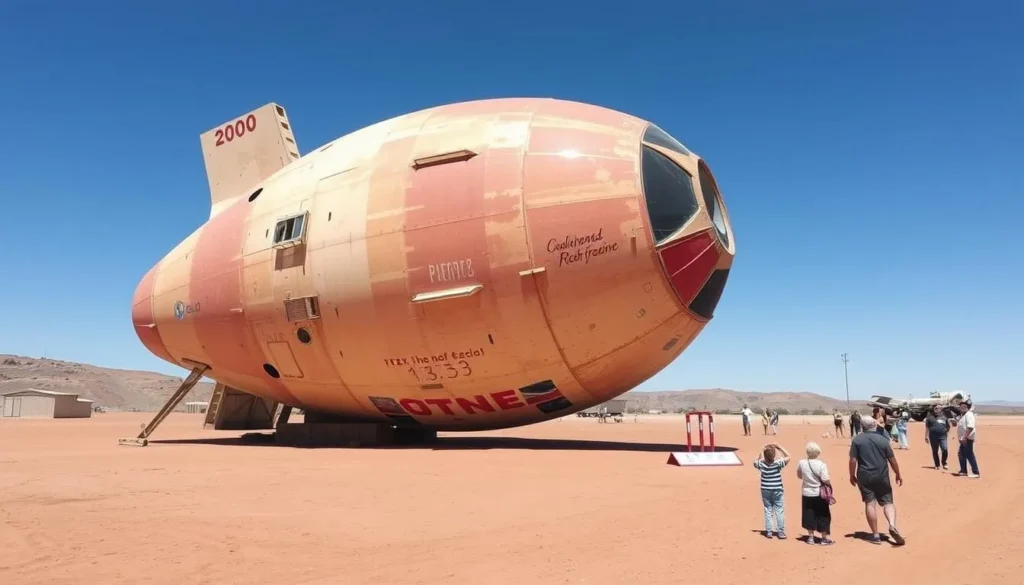 Coober Pedy's famous spaceship prop from the movie Pitch Black standing in the desert landscape