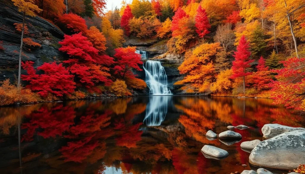 Copper Falls State Park in autumn with vibrant fall colors reflecting in the water