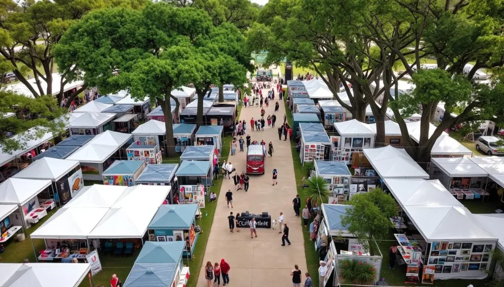 Cottonwood Art Festival in Richardson showing artists' booths and visitors browsing artwork