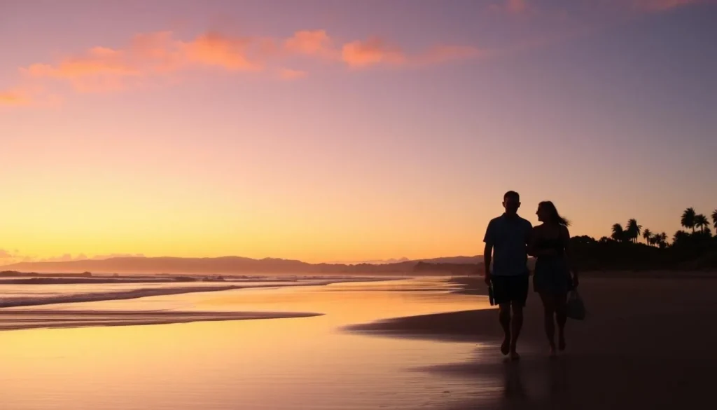 Couple enjoying sunset at Waikanae Beach in Gisborne with coastal views