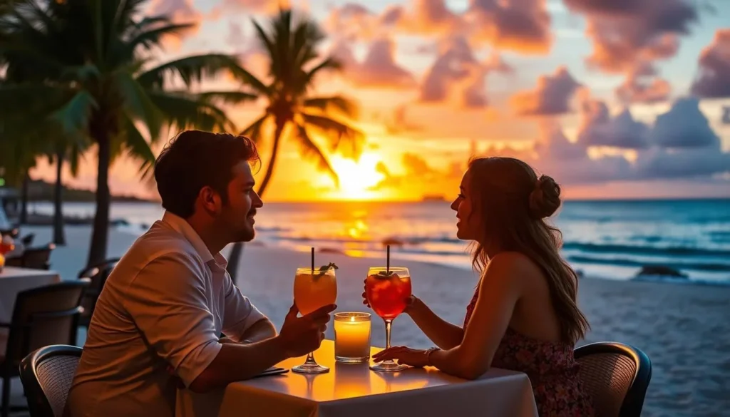 Couple enjoying sunset cocktails at a beachfront restaurant in Saint Lawrence Gap Couple enjoying sunset cocktails at a beachfront restaurant in Saint Lawrence Gap