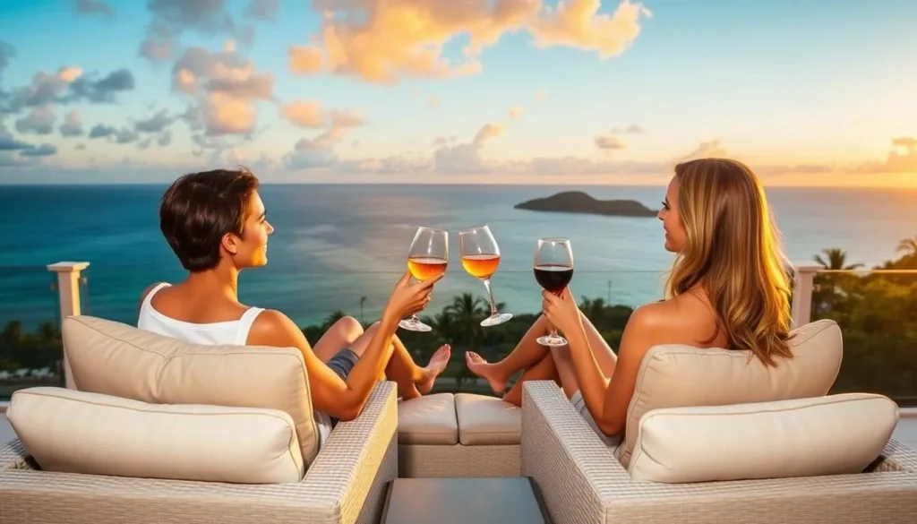 Couple enjoying sunset drinks on private terrace overlooking Hayman Island Queensland