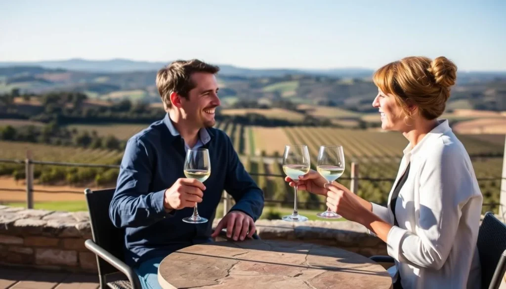 Couple enjoying wine tasting with Clare Valley South Australia vineyard views Couple enjoying wine tasting with Clare Valley South Australia vineyard views