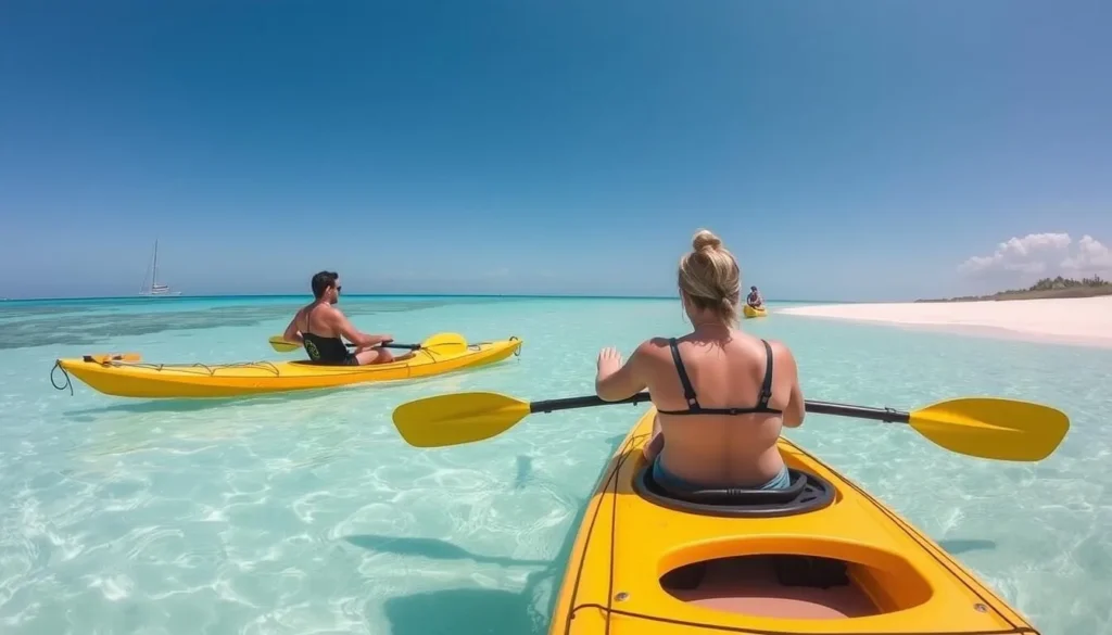 Couple kayaking in clear waters near Cayo Levisa shoreline