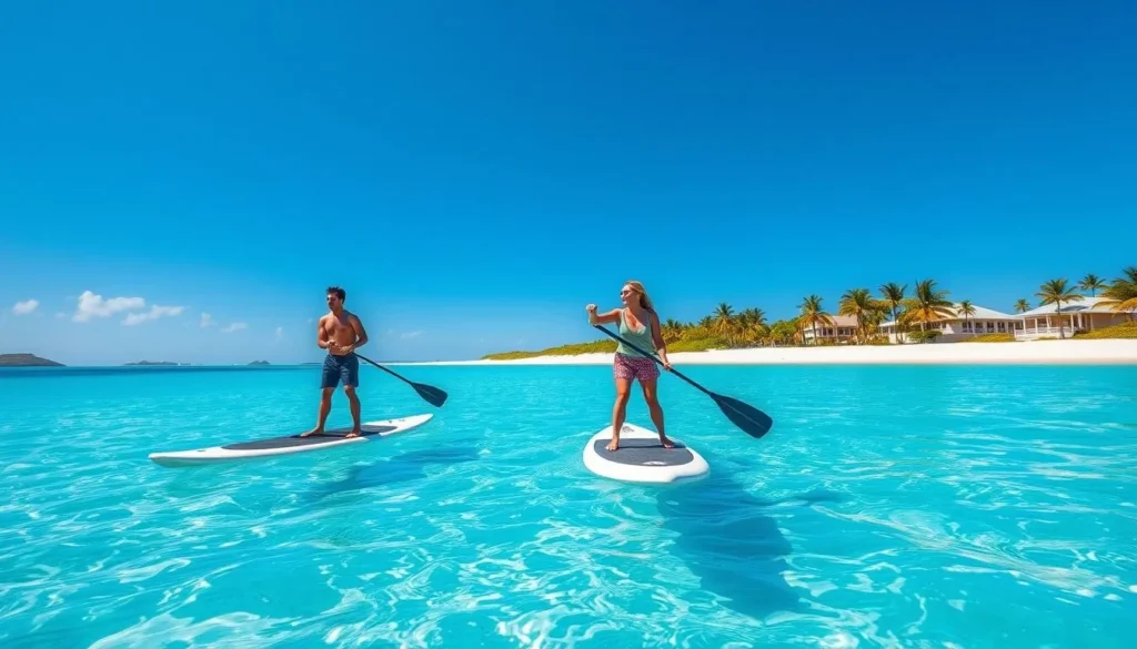 Couple paddleboarding in the clear waters of Meads Bay