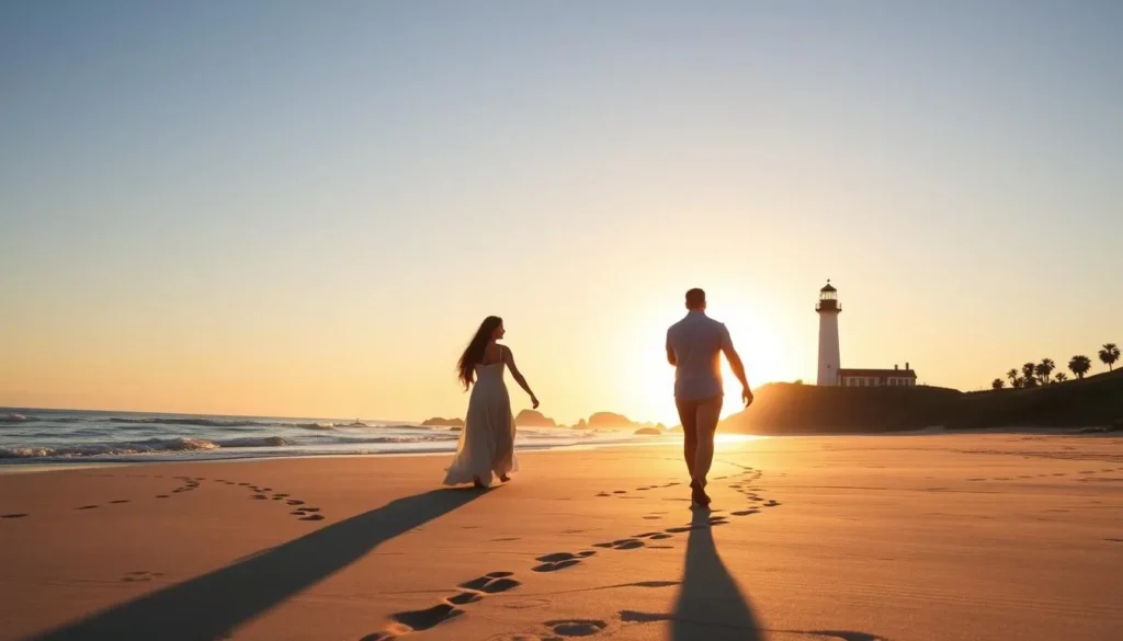 Couple walking along Arashi Beach at sunset with California Lighthouse in background
