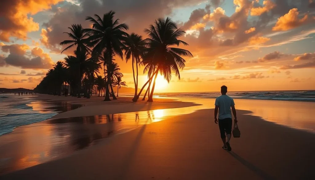 Couple walking along Fourth Beach at sunset in Morro de Sao Paulo