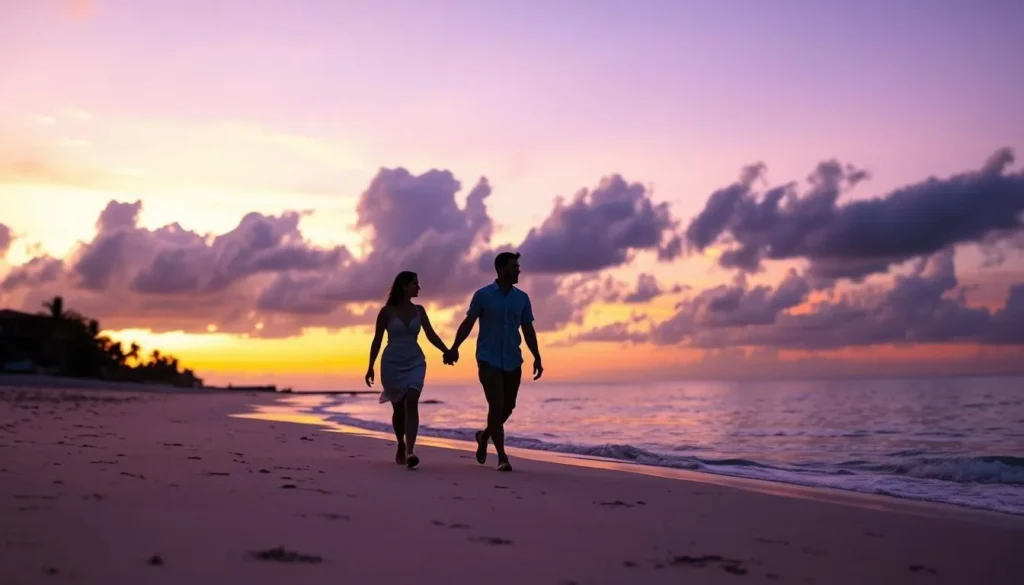 Couple walking on Cayo Coco beach at sunset with resort in background