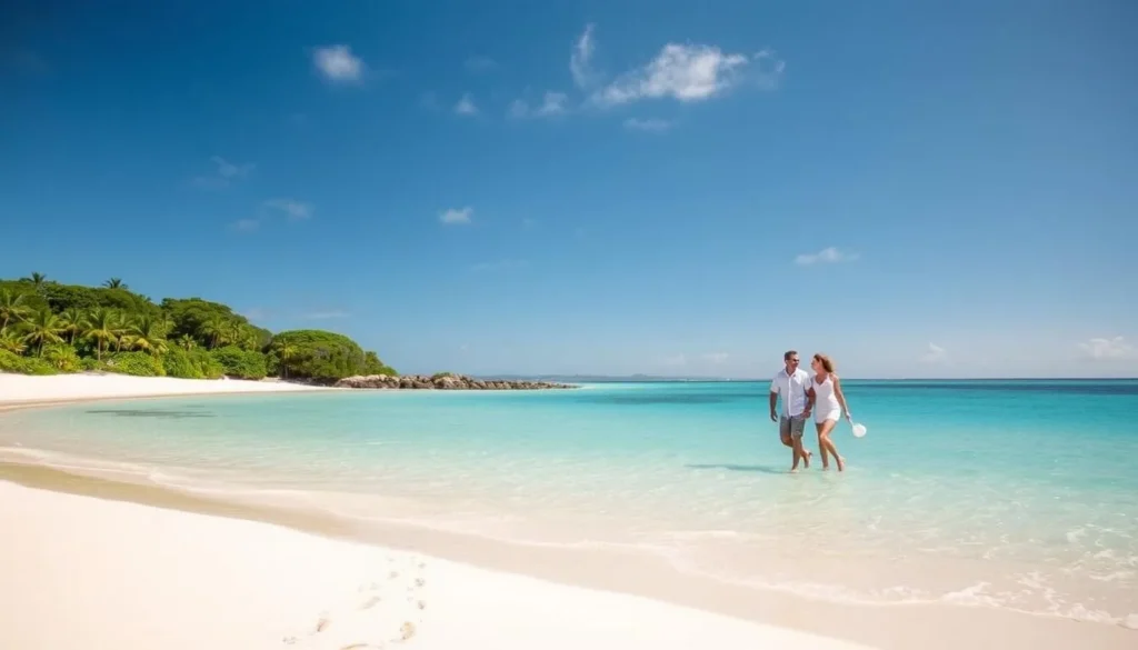 Couple walking on Hayman Island beach during perfect weather with clear blue skies and calm waters