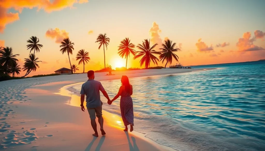 Couple walking on Meads Bay beach during sunset in peak season