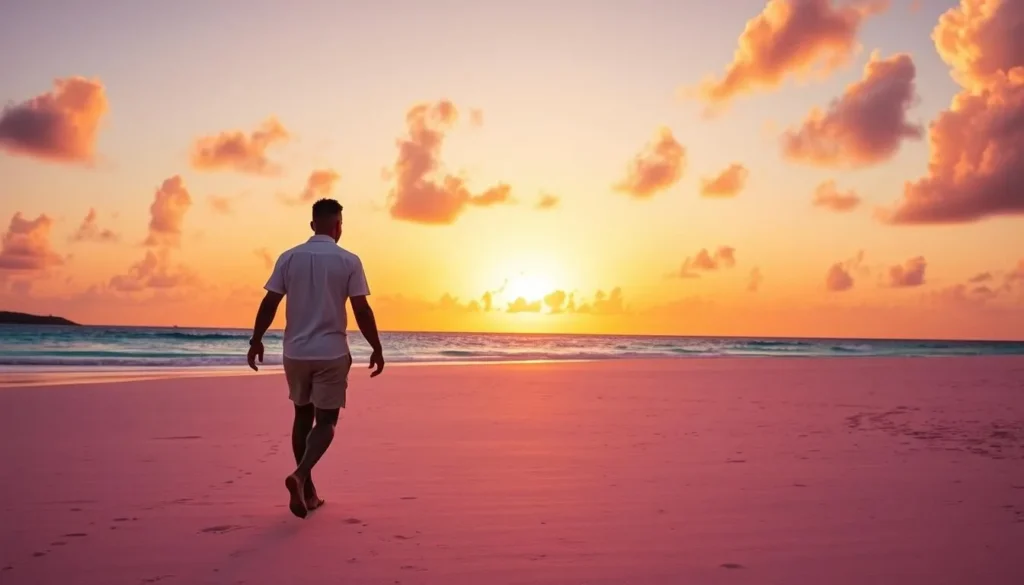 Couple walking on empty pink sand beach at sunset in Barbuda