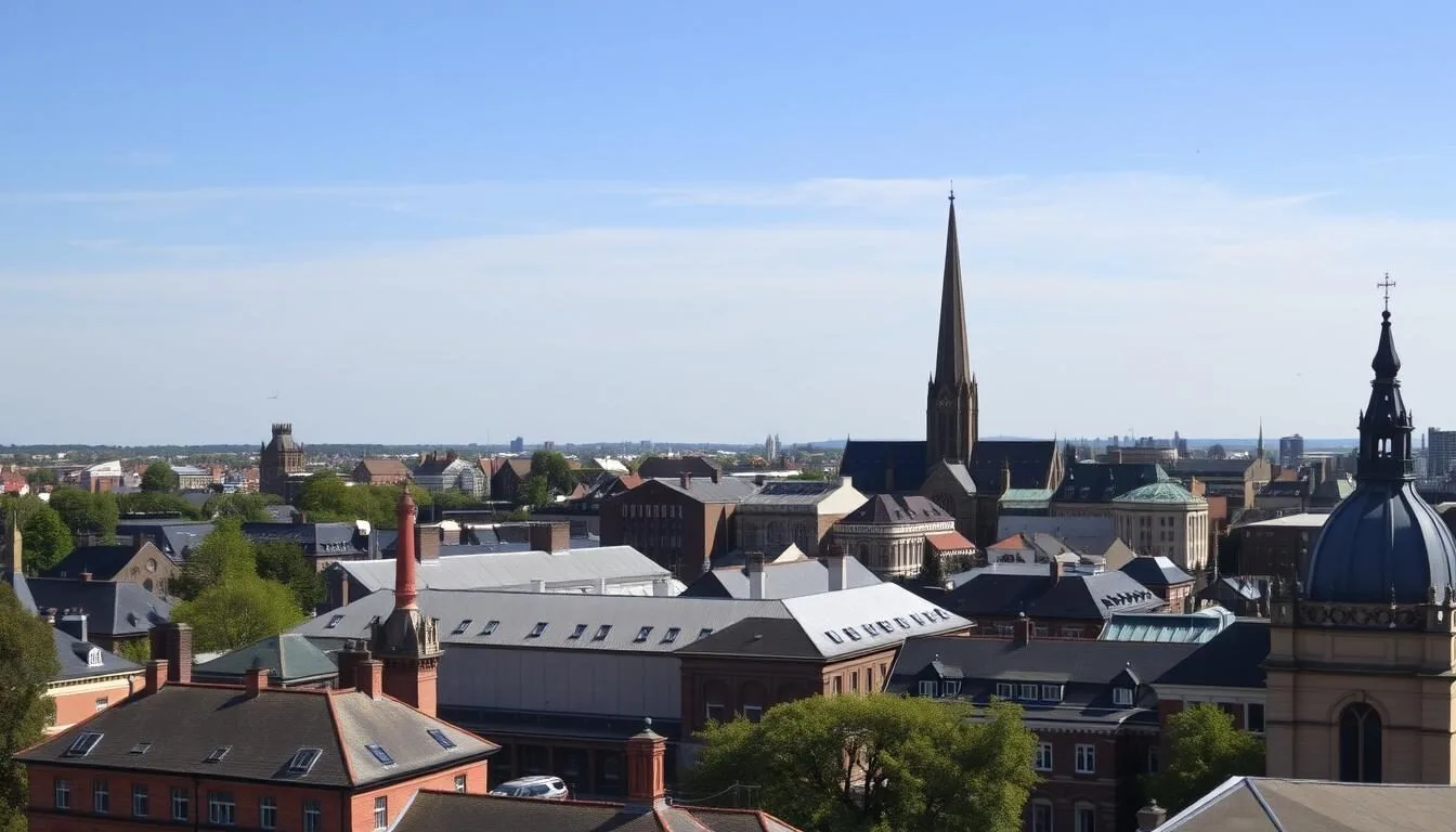 Coventry city skyline showing the modern cathedral spire alongside historic buildings