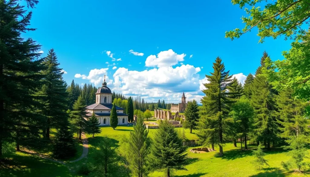 Cozia National Park, Romania: A serene forest landscape, sun-dappled trails winding through towering pines and ancient oaks. In the foreground, the majestic Cozia Monastery, its Byzantine-style architecture casting long shadows across the lush greenery. Beyond, the ruins of a Roman fort, crumbling yet dignified, a testament to the region's rich history. The sky is a brilliant azure, fluffy clouds drifting lazily overhead, while a gentle breeze rustles the leaves, creating a soothing ambiance. Capture the tranquil harmony of this cultural gem, nestled amidst the verdant splendor of Cozia National Park.