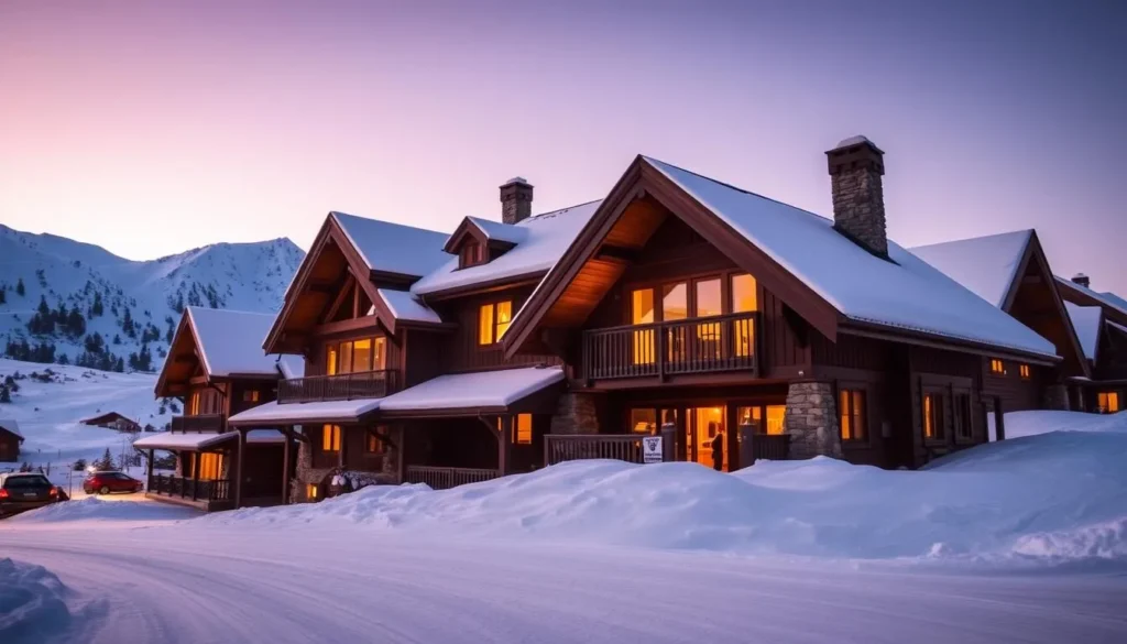 Cozy alpine lodge in Thredbo Village with snow-covered mountains in the background
