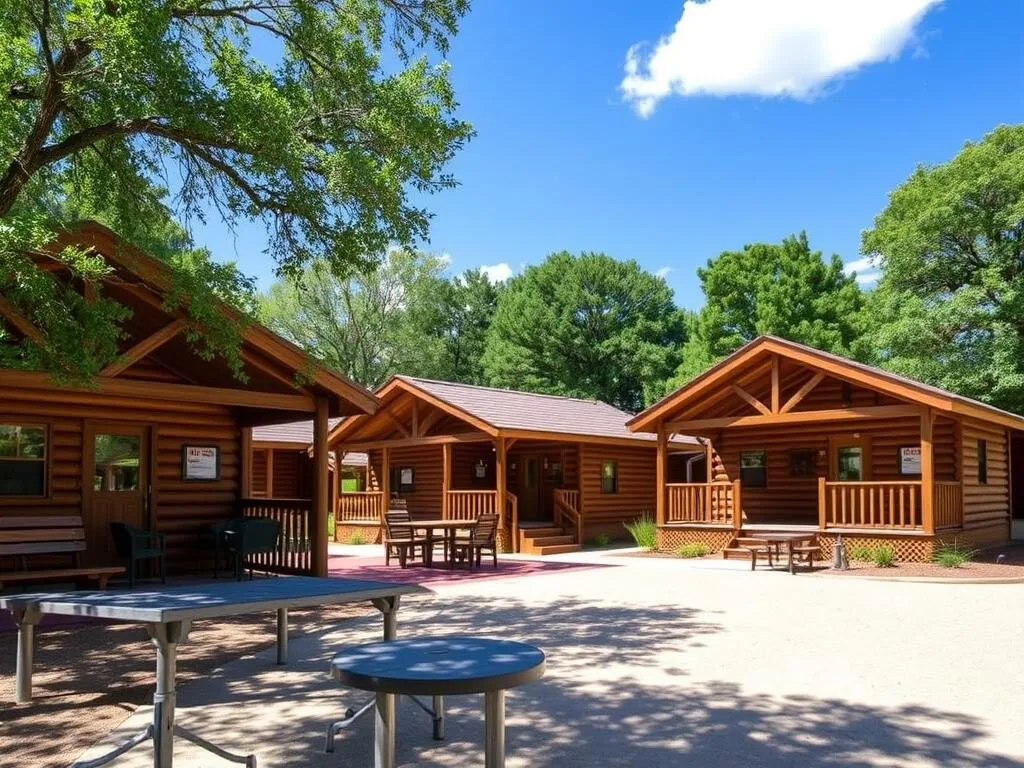 Cozy cabin rentals at North Texas Jellystone Park in Burleson with surrounding pine trees and outdoor seating areas