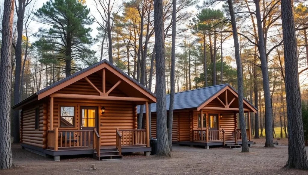 Cozy cabins at Rock Island State Park with forest views and outdoor seating areas Cozy cabins at Rock Island State Park with forest views and outdoor seating areas