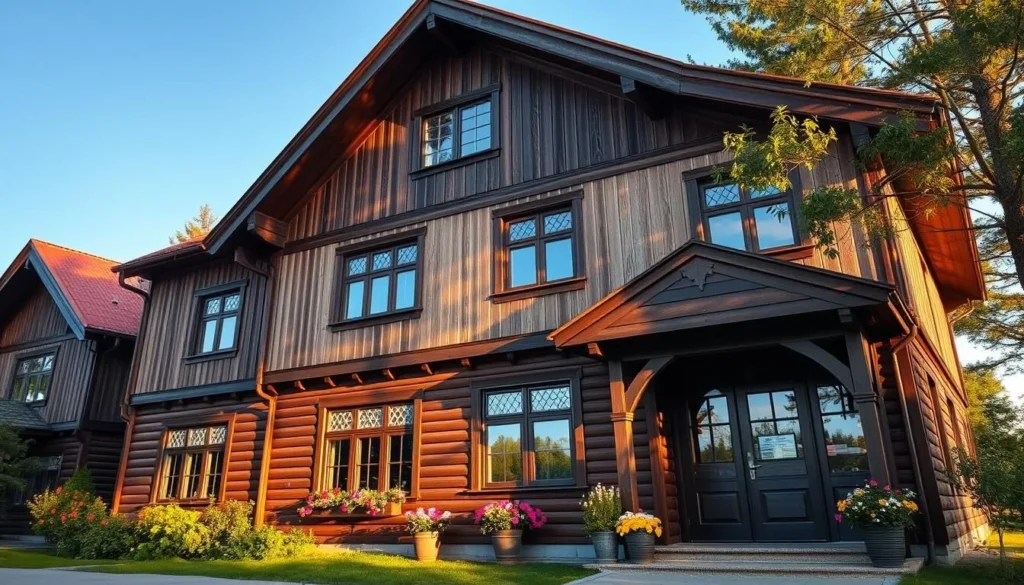 Cozy guesthouse with wooden architecture near Lake Kimry