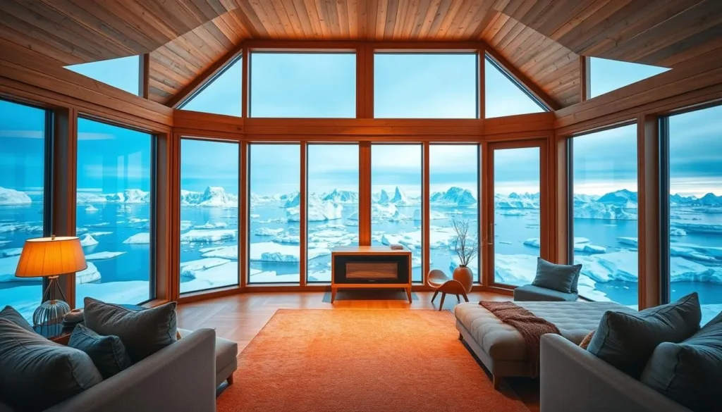 Cozy hotel with panoramic windows overlooking Greenland's icy landscape