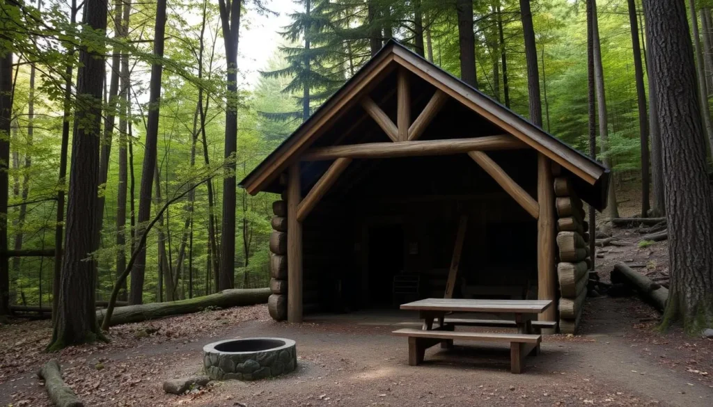 Cozy lean-to campsite at Smugglers Notch State Park surrounded by trees