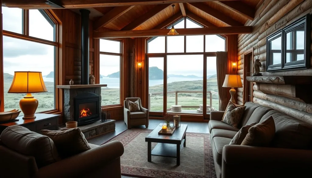 Cozy lodge accommodation in the Falkland Islands with coastal view