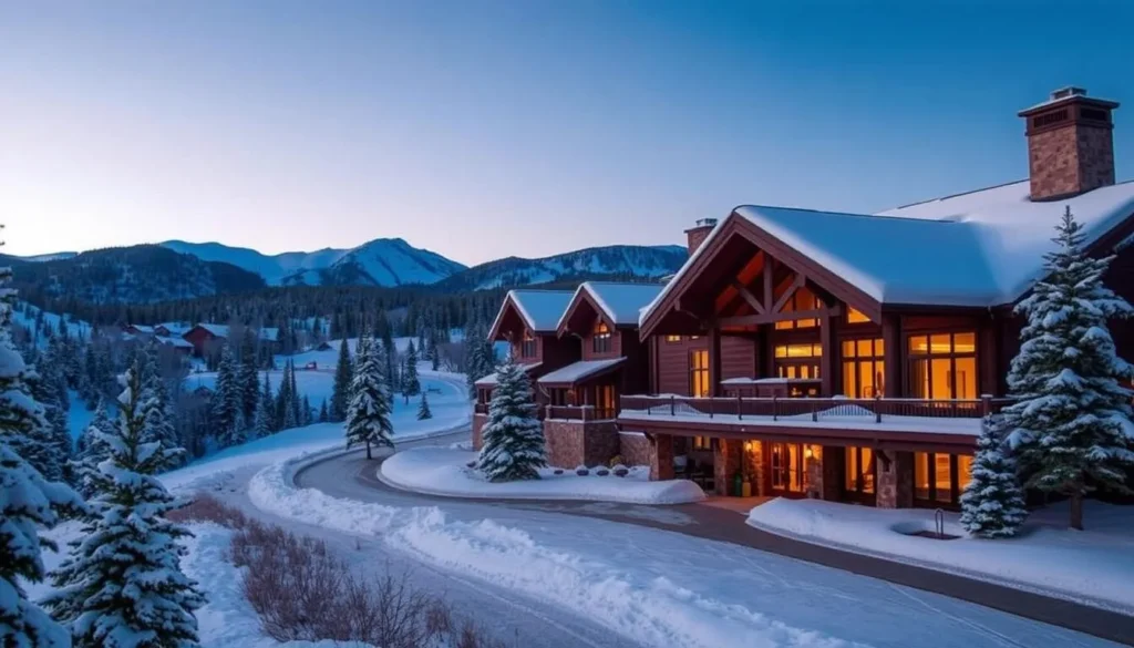 Cozy mountain lodge at Powderhorn with snow-covered landscape