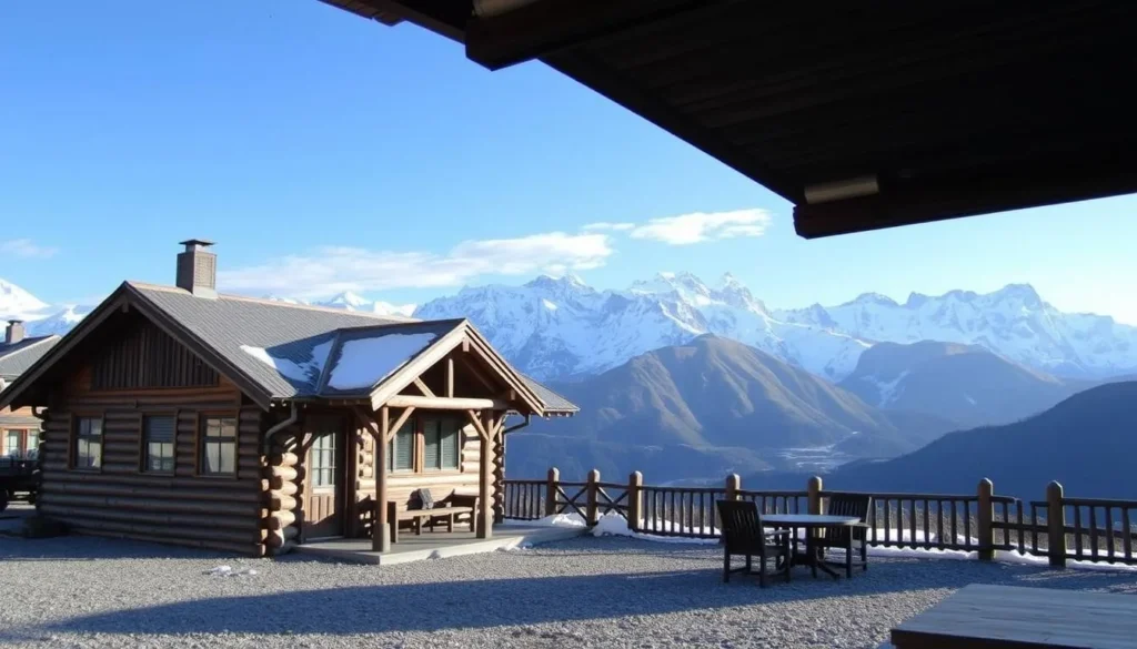 Cozy mountain lodge in Aysen with snow-capped peaks in the background